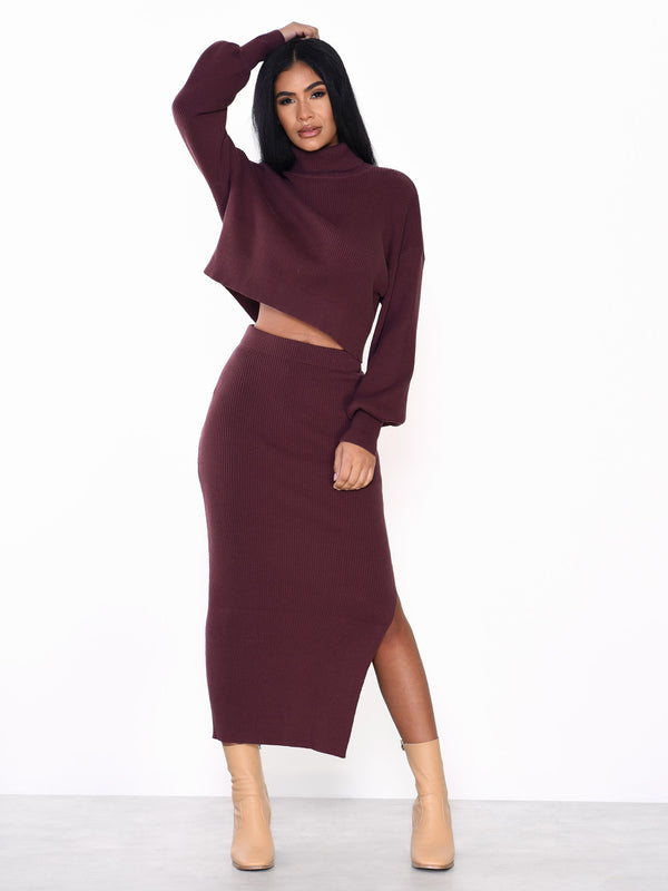 Glamorous Glamorous Chocolate Plum Side Split Knit Midi Skirt