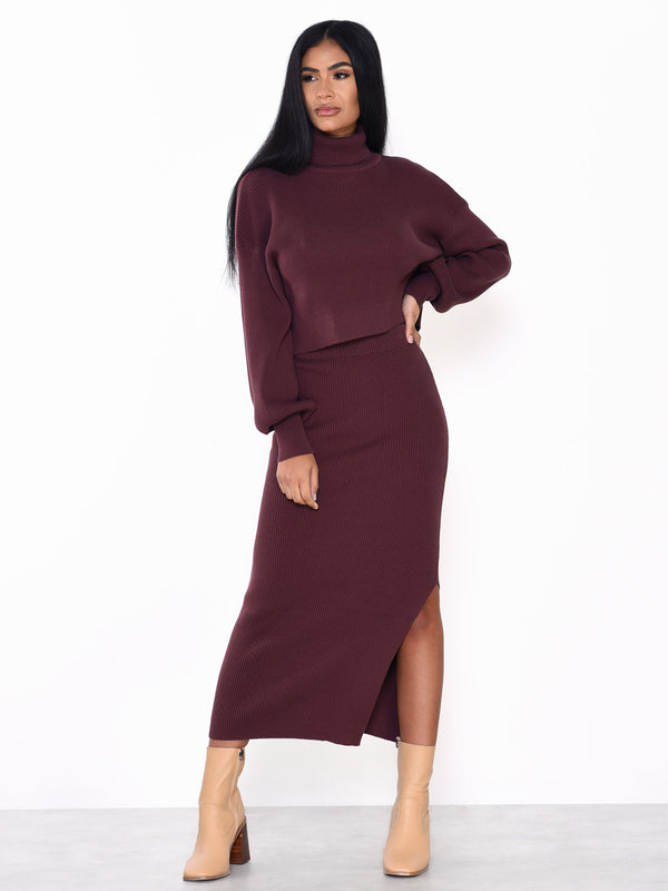 glamorous Glamorous Chocolate Plum Side Split Knit Midi Skirt