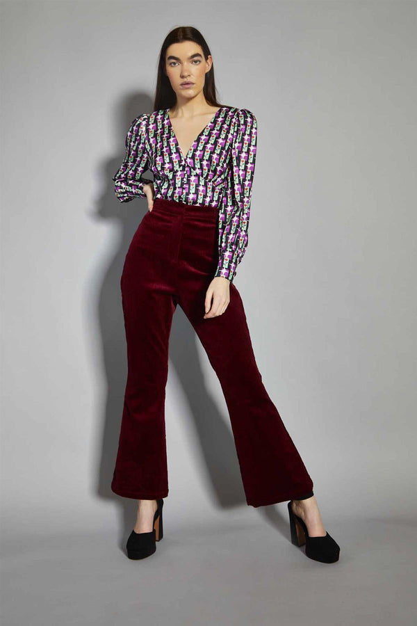glamorous Claret-Corduroy Flared-Trousers