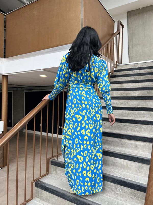 Glamorous Cobalt-Yellow Leopard Wrap Midi-Dress