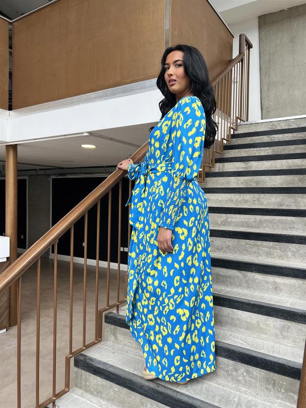 Glamorous Cobalt-Yellow Leopard Wrap Midi-Dress