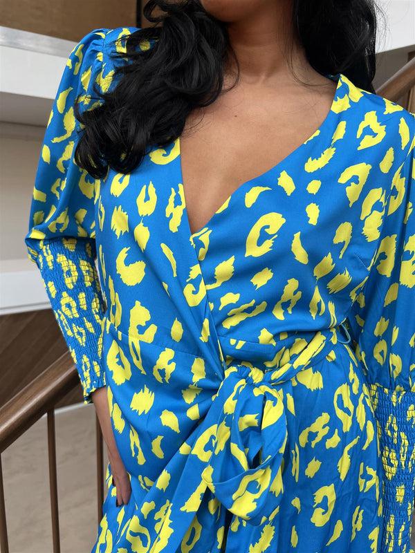 Glamorous Cobalt-Yellow Leopard Wrap Midi-Dress