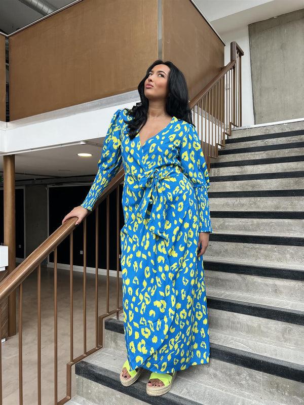 glamorous Cobalt-Yellow Leopard Wrap Midi-Dress