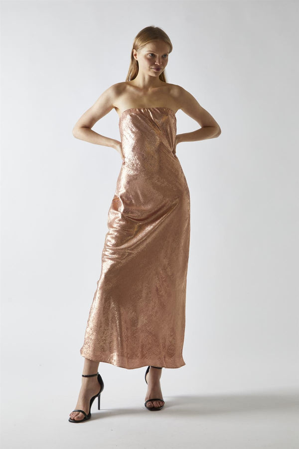 glamorous Copper-Metallic Strapless Midi Dress