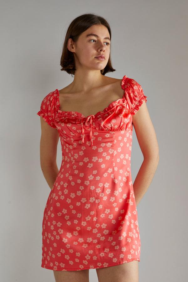 glamorous Coral-Pink Daisy Milkmaid Mini-Dress