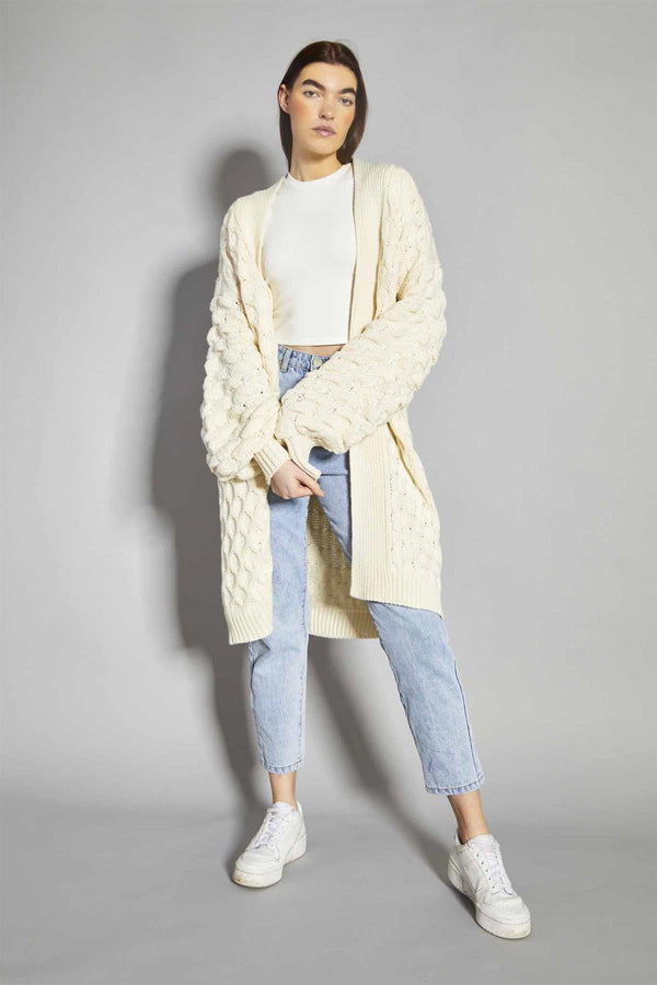 Glamorous Cream Cable Knit Longline-Cardigan