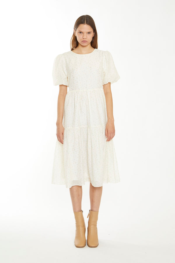 glamorous Cream Peach Ditsy Organza Midi-Dress