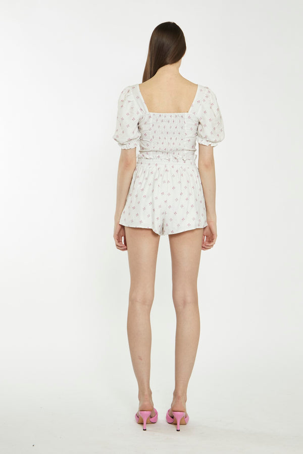 Glamorous Cream Pink Stem Flower Crop-Top