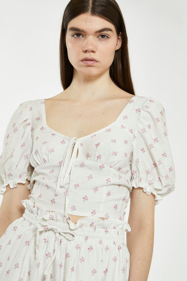 Glamorous Cream Pink Stem Flower Crop-Top