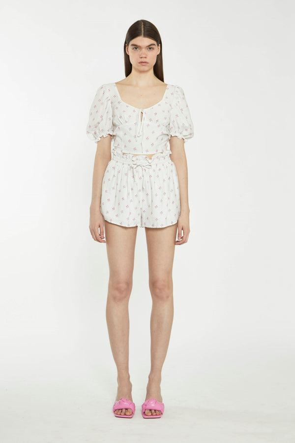 glamorous Cream Pink Stem Flower Crop-Top