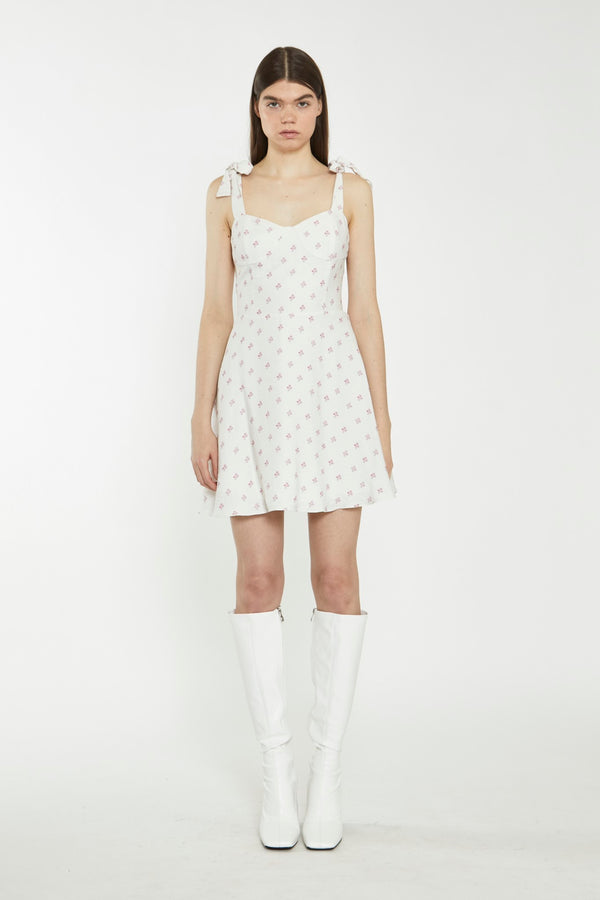 glamorous Cream Pink Stem Flower Mini-Dress