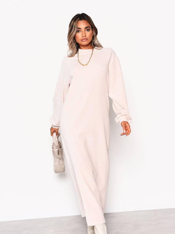 Glamorous Cream Soft Ribbed Long Sleeve Midi Dress