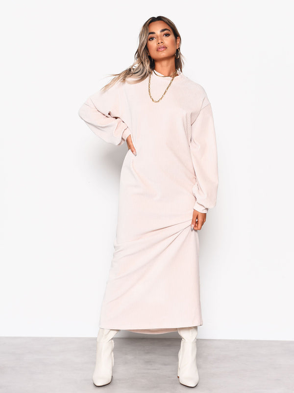 glamorous Cream Soft Ribbed Long Sleeve Midi Dress