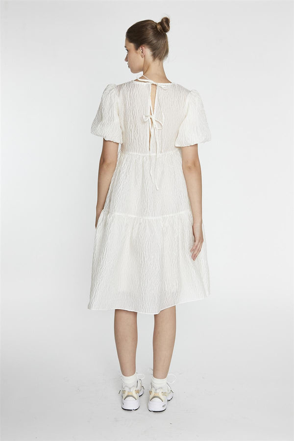 Glamorous Cream Textured-Brocade Tiered Midi-Dress