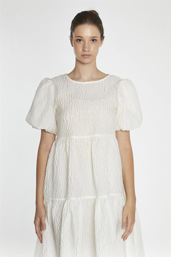 Glamorous Cream Textured-Brocade Tiered Midi-Dress