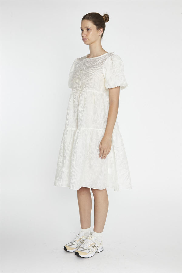 Glamorous Cream Textured-Brocade Tiered Midi-Dress