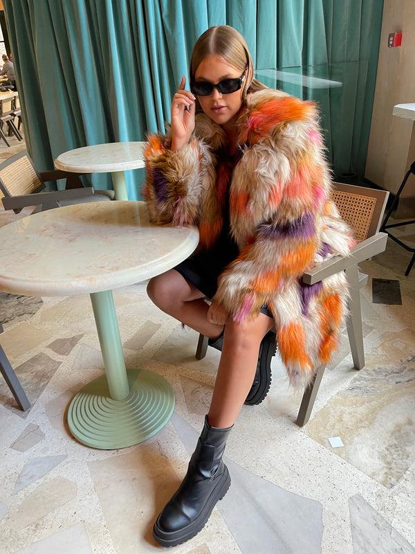 glamorous Glamorous Curve Orange /Combo Faux Fur Longline Coat