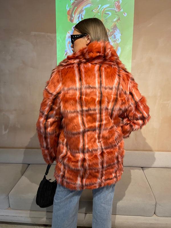 Glamorous Glamorous Curve Red Check Faux Fur Coat With Lapel Collar