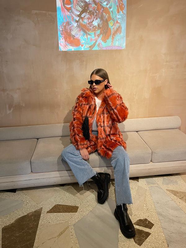 glamorous Glamorous Curve Red Check Faux Fur Coat with Lapel Collar