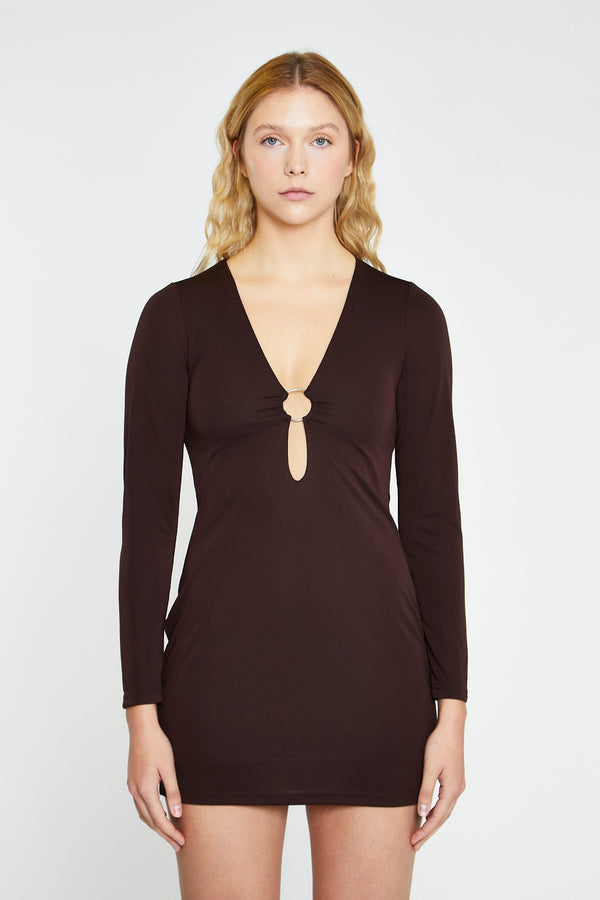 glamorous Dark Brown Deep V-neck Mini-Dress