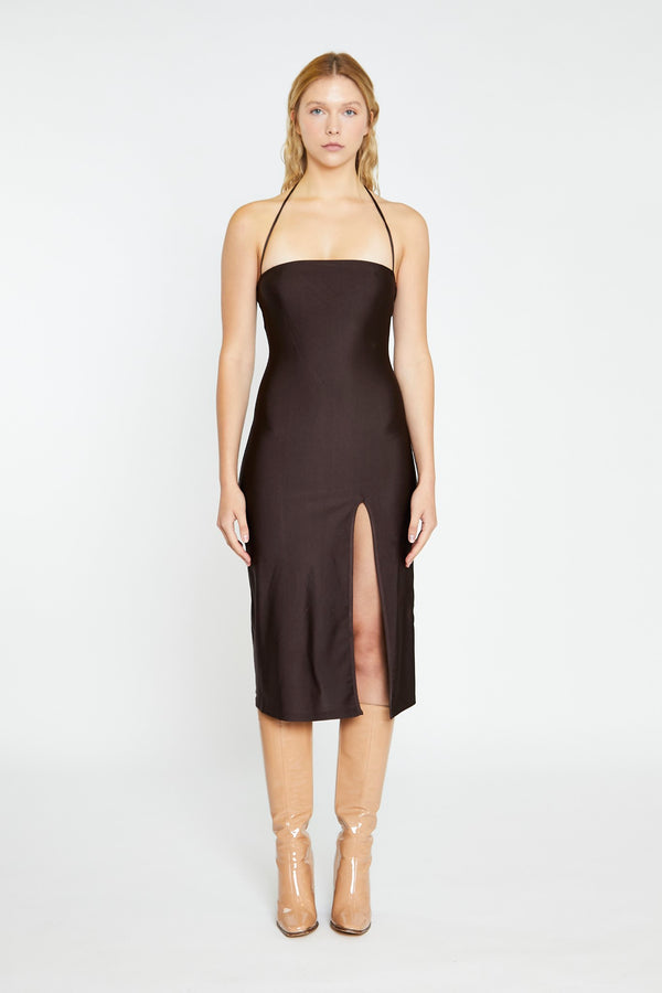 glamorous Dark Brown Square Halterneck Midi-Dress