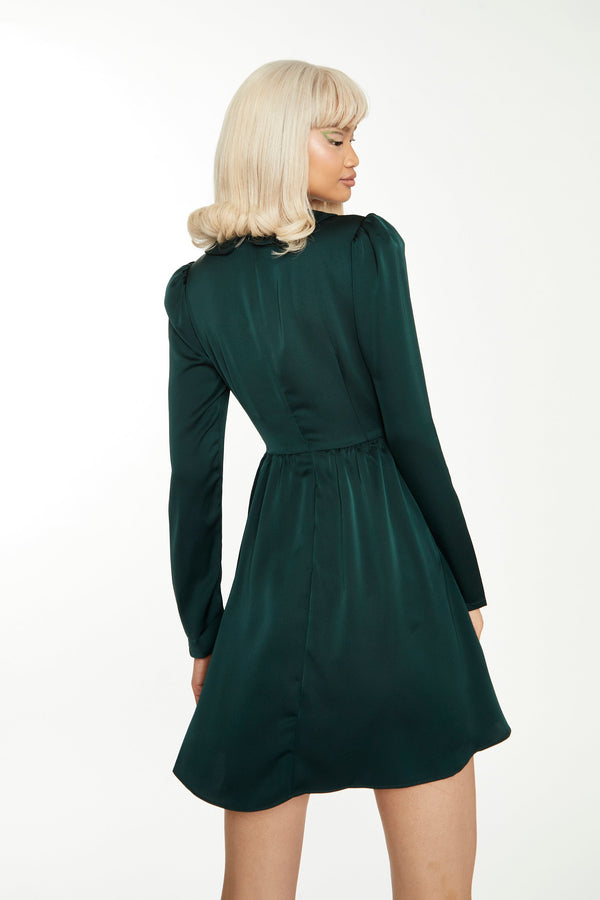 Glamorous Glamorous Dark Green Satin Collared Skater Mini Dress