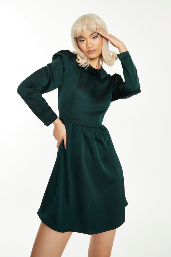 glamorous Glamorous Dark Green Satin Collared Skater Mini Dress