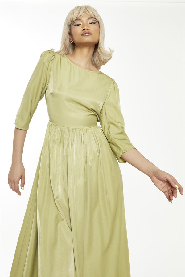 Glamorous Dark-Pistachio Crew-Neck Midi-Dress