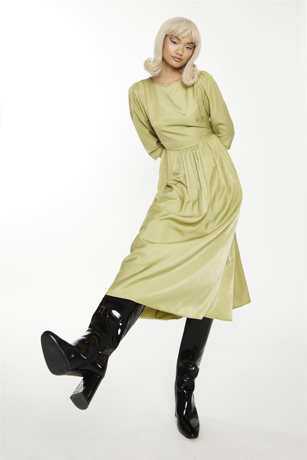 Glamorous Dark-Pistachio Crew-Neck Midi-Dress