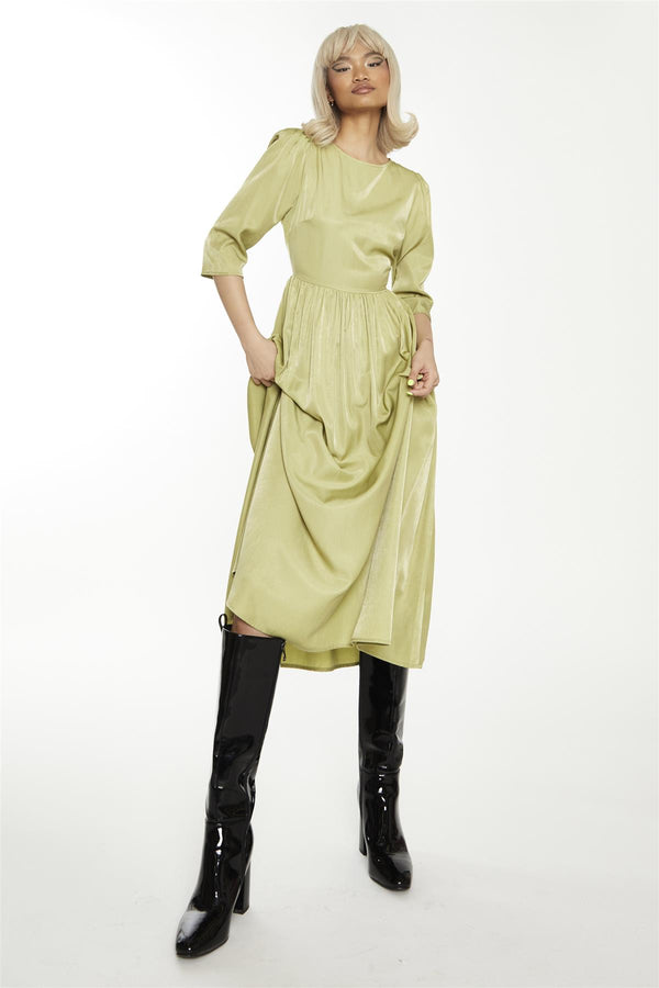 glamorous Dark-Pistachio Crew-Neck Midi-Dress