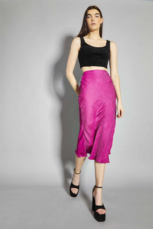 glamorous Deep-Orchid Leopard Bias-Cut Midi-Skirt