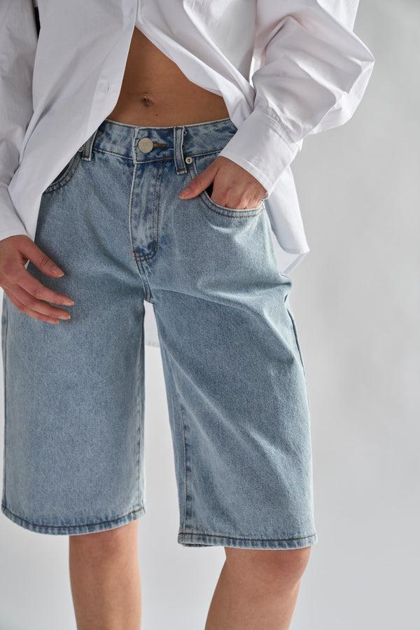 Glamorous Dirty-Vintage Blue Denim Long -Shorts