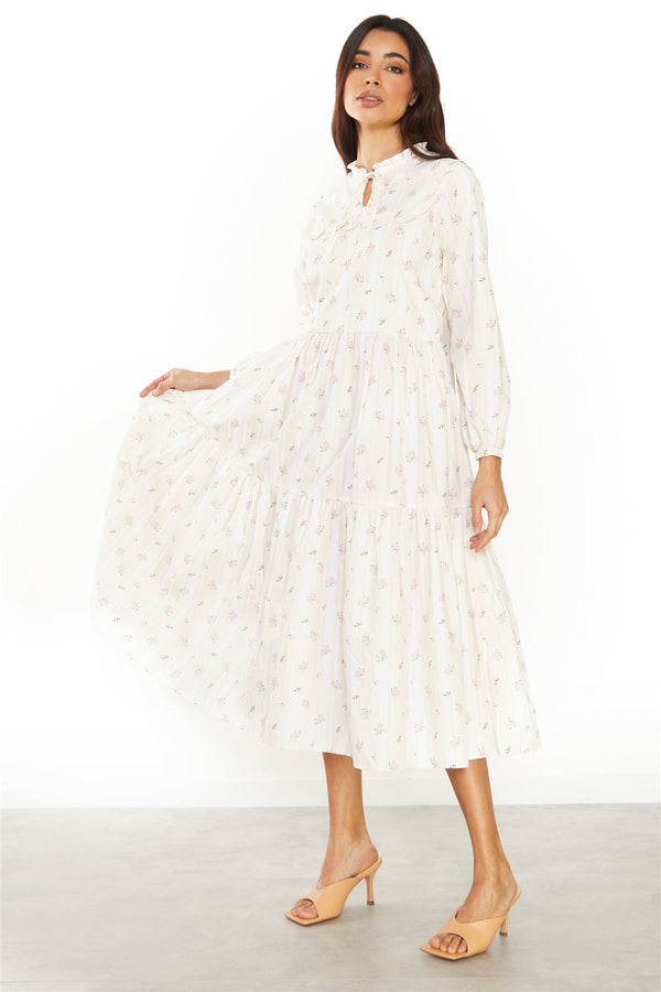 glamorous Ditsy Rose Stripe Long Sleeve Midi Dress