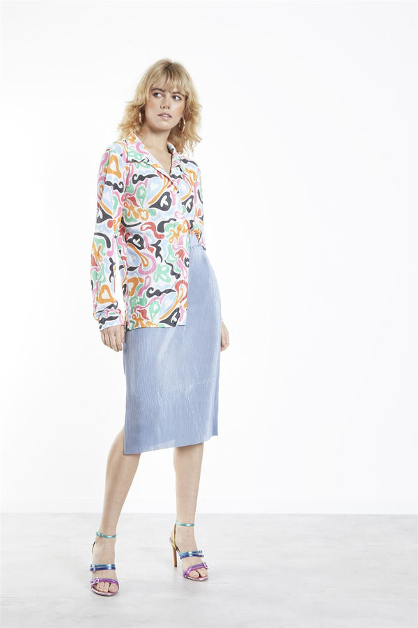 glamorous Dusty-Blue Plisse Side-Split Midi-Skirt