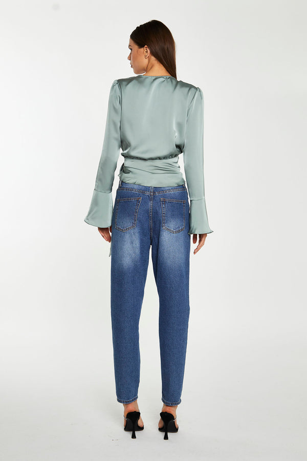 Glamorous Dusty-Green Satin Wrap Front Blouse