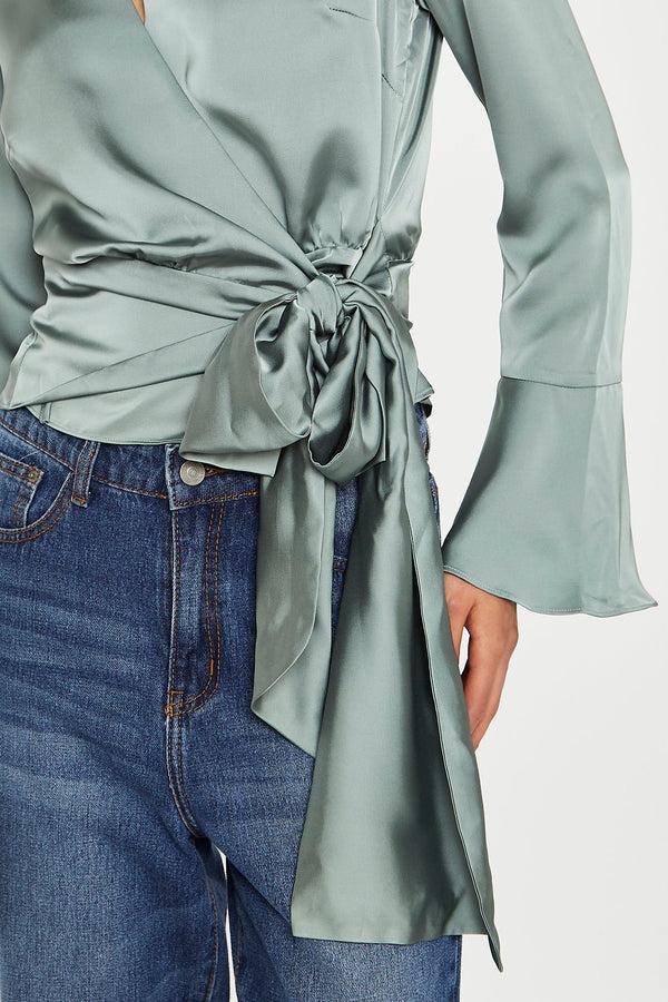 Glamorous Dusty-Green Satin Wrap Front Blouse