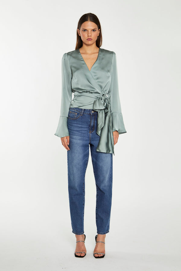 Glamorous Dusty-Green Satin Wrap Front Blouse