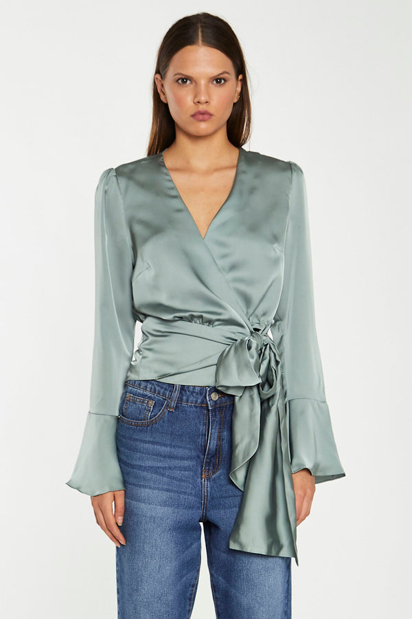 glamorous Dusty-Green Satin Wrap Front Blouse