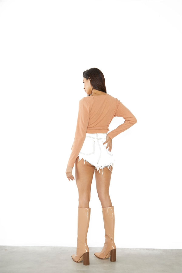 Glamorous Dusty Orange Ribbed Wrap Crop Top