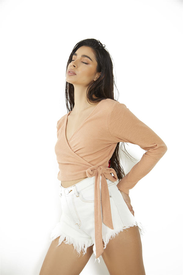 Glamorous Dusty Orange Ribbed Wrap Crop Top