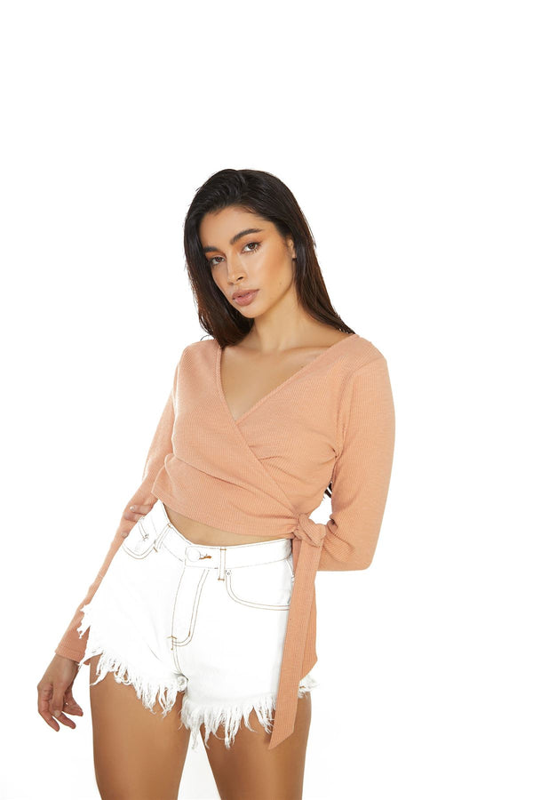 glamorous Dusty Orange Ribbed Wrap Crop Top