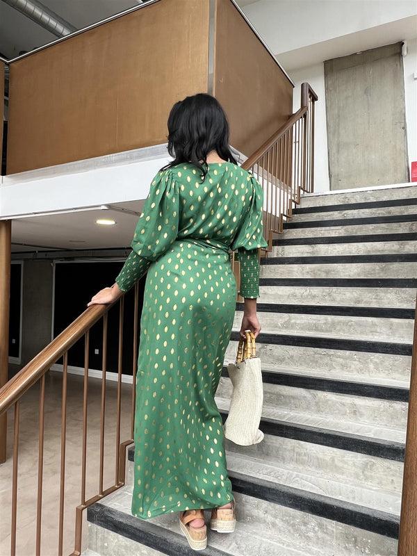 Glamorous Forest Green Gold Spot Long-Dress