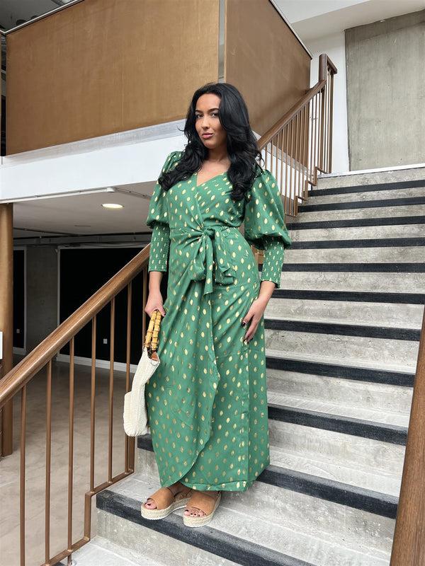 glamorous Forest Green Gold Spot Long-Dress