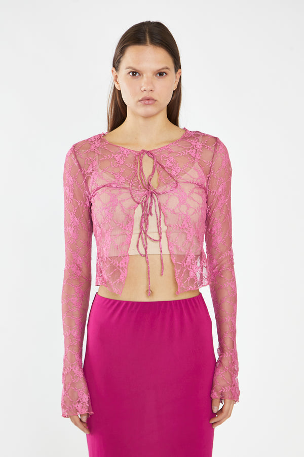 Glamorous Fuchsia Lace Tie-Front Flare-Sleeve Top
