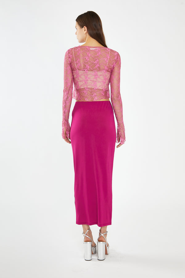 Glamorous Fuchsia Lace Tie-Front Flare-Sleeve Top