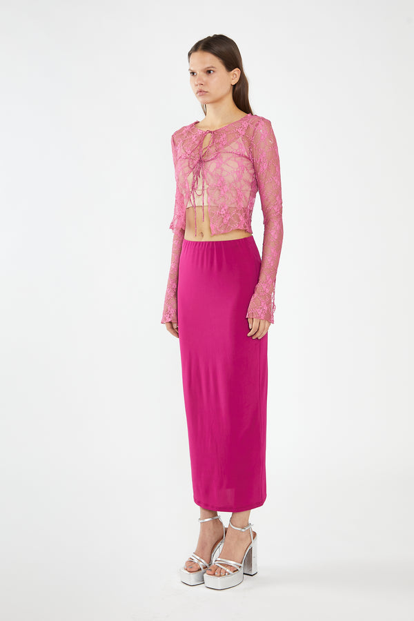 Glamorous Fuchsia Lace Tie-Front Flare-Sleeve Top