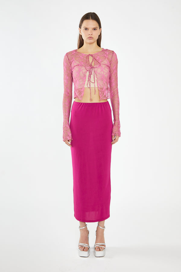 glamorous Fuchsia Lace Tie-Front Flare-Sleeve Top