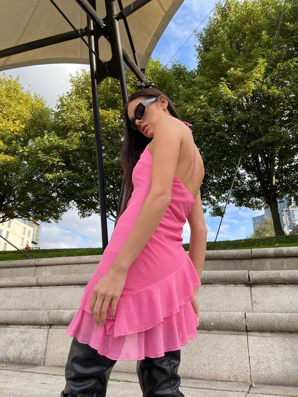 Glamorous Fuchsia Ruffle Halterneck Mini-dress