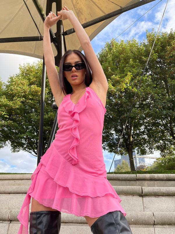 Glamorous Fuchsia Ruffle Halterneck Mini-dress