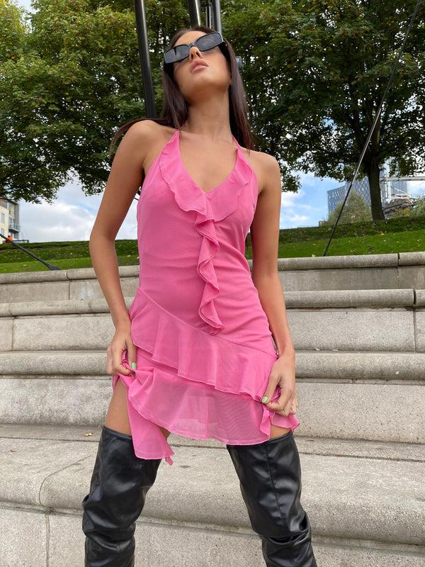 glamorous Fuchsia Ruffle Halterneck Mini-dress